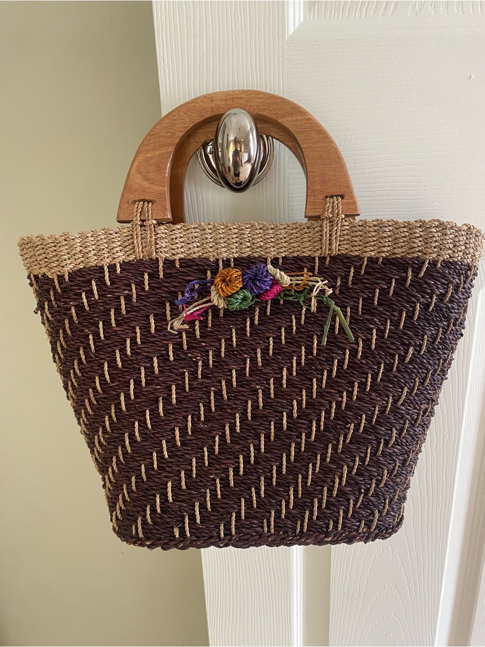 Woven Straw Tote Bag Wood Handles Boho Resort Coastal Purse